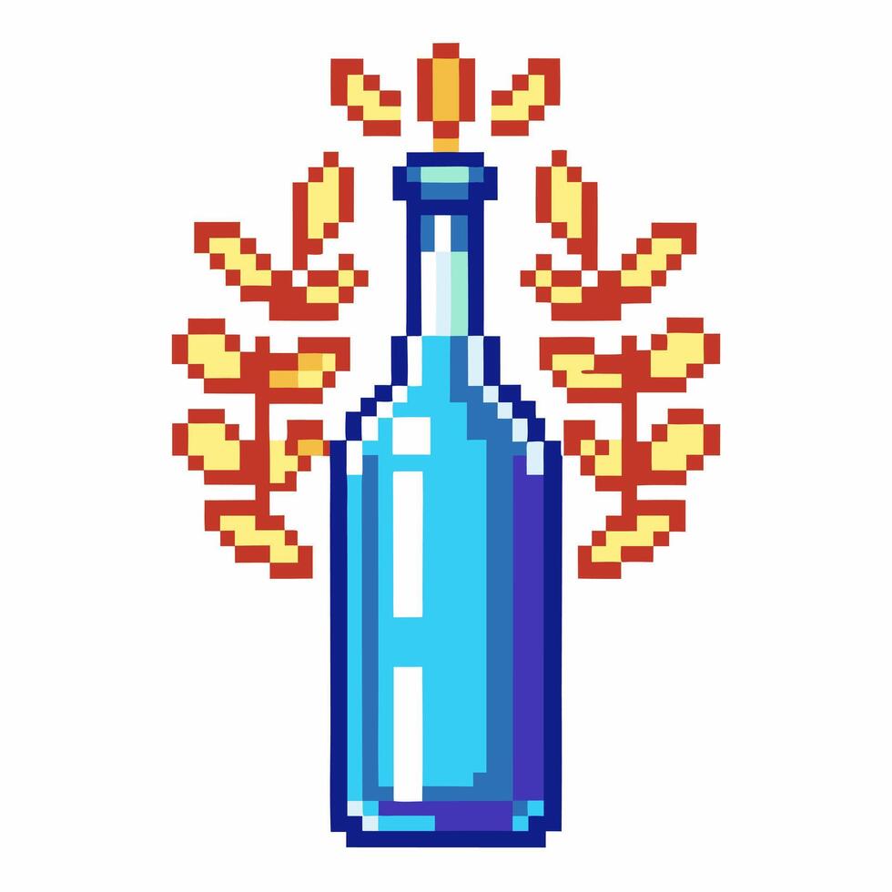 Pixel art blue bottle with decorative orange leaves, digital illustration vector