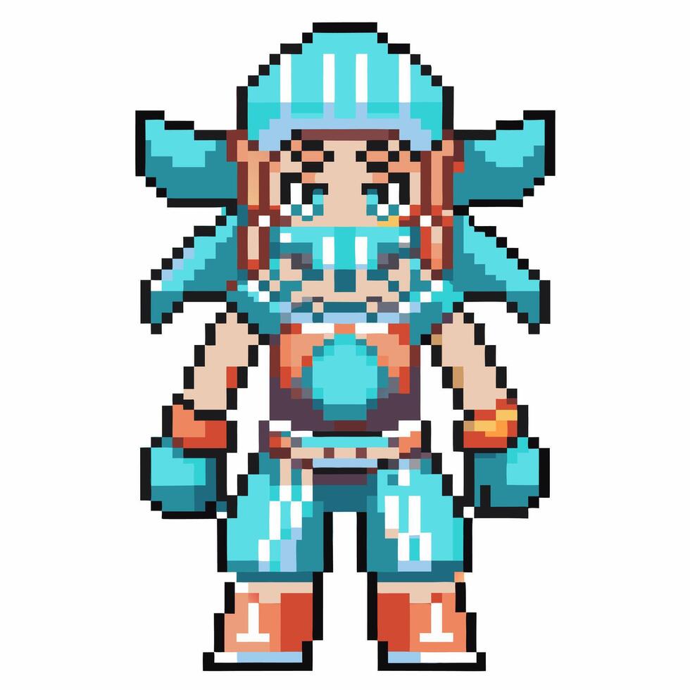 Pixel art warrior character in blue armor and helmet with pixelated graphics and retro game design vector