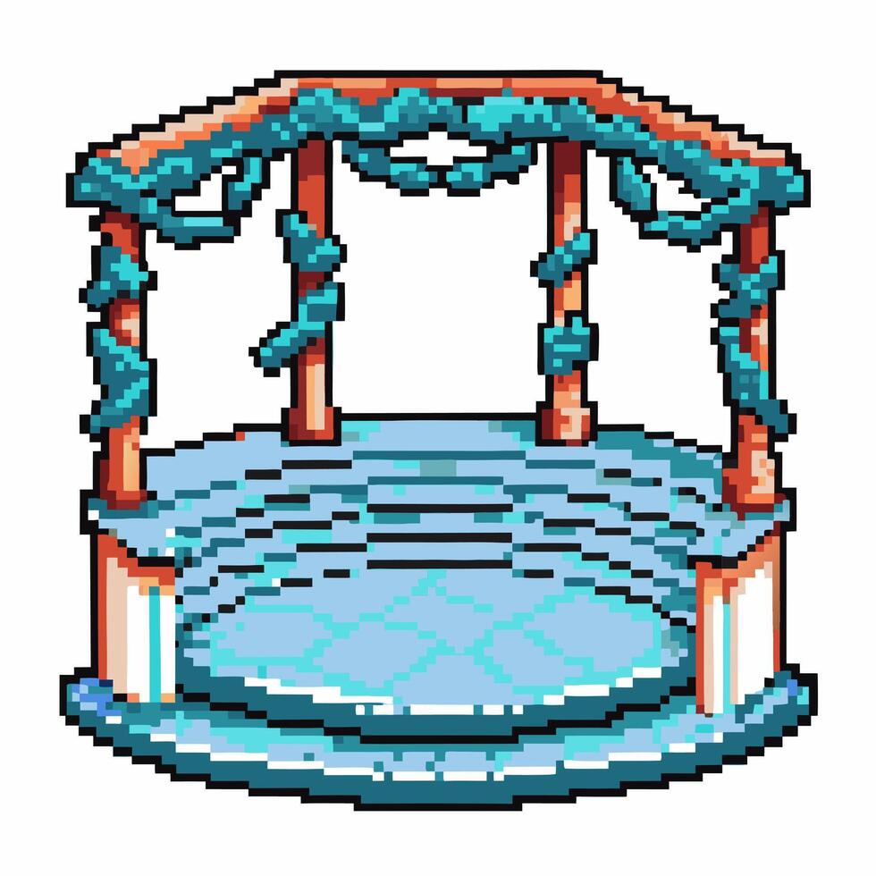 Pixel art gazebo with ivy covered columns, vintage digital game structure vector