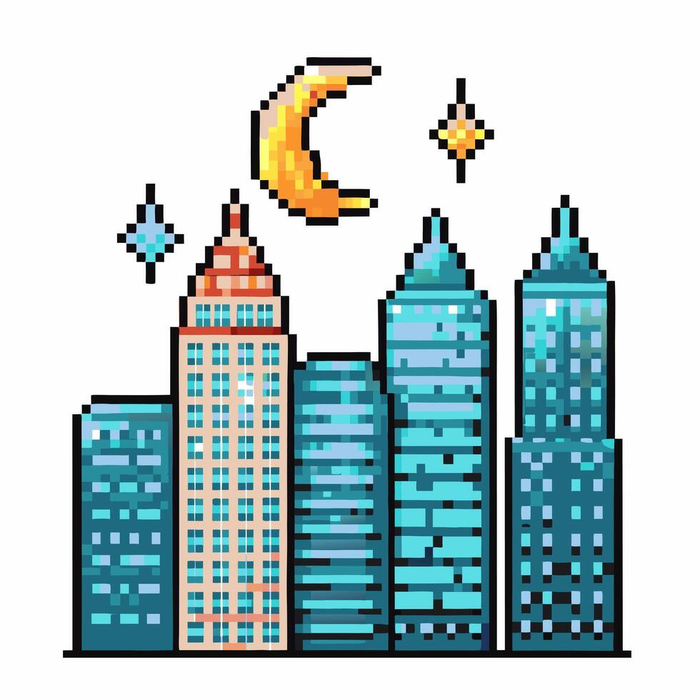 Pixelated cityscape at night with moon, stars in vibrant digital art vector
