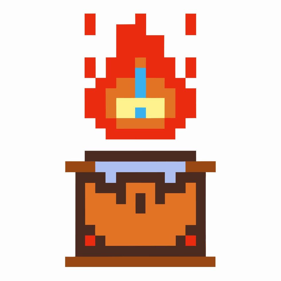 Pixel art magic cauldron with blue potion and floating fire retro fantasy brewing vessel, alchemy, spell, potion concept vector