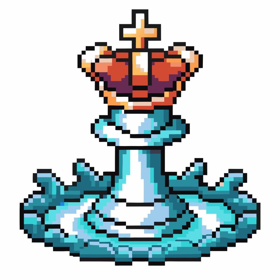 Pixel art chess pawn with crown in water ripple creative retro gaming concept, strategy and power vector