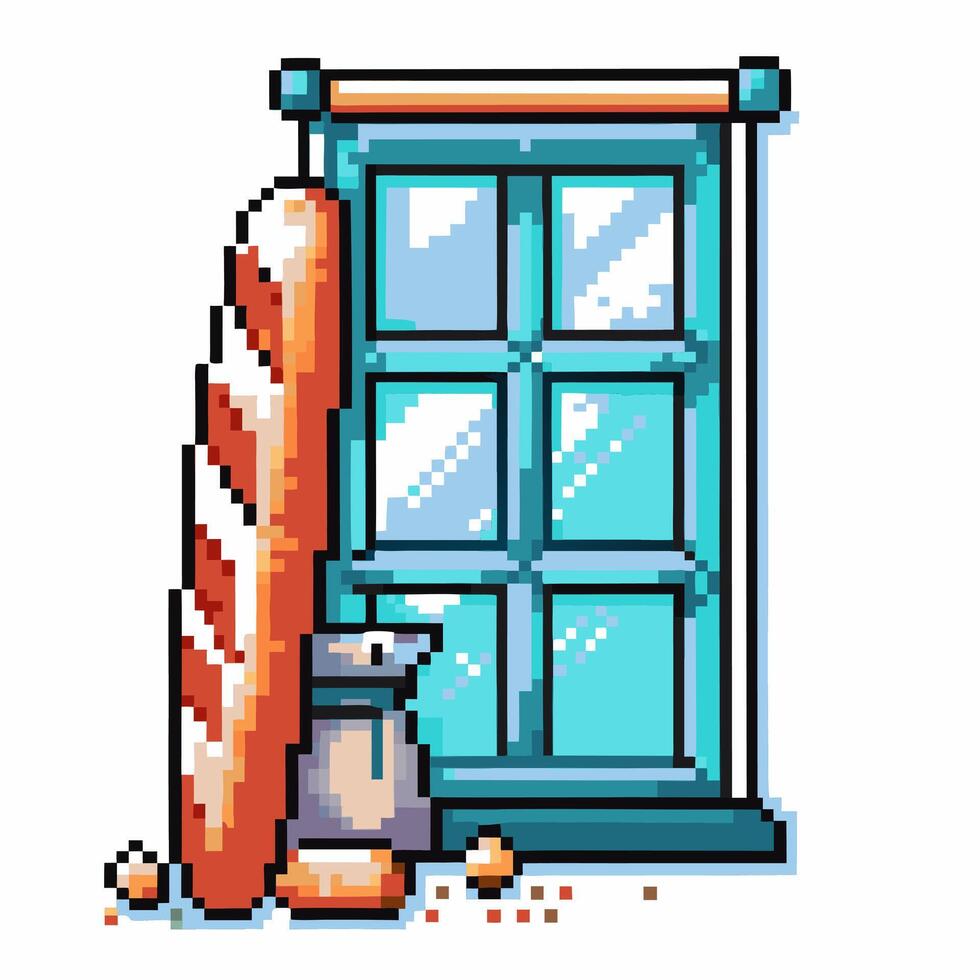 pixel art of a baguette and milk by a sunny window, vintage nostalgic scene in vibrant colors vector