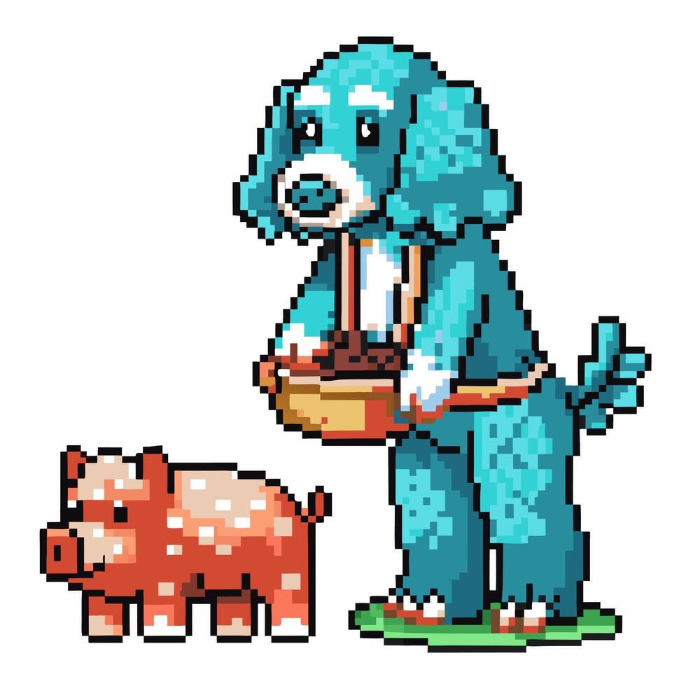 pixel art blue dog holding basket with pink pig beside nostalgic game characters, retro illustration, 8 bit animals vector