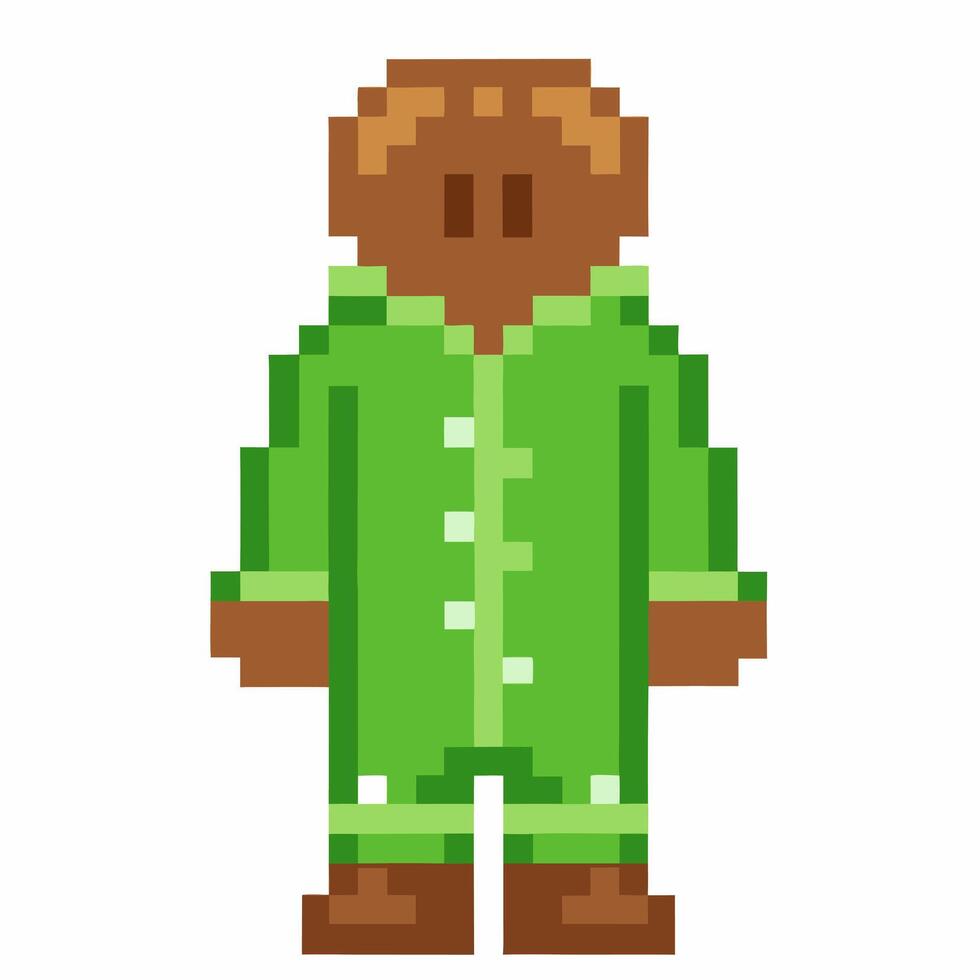 Pixelated character in green pajamas, retro 8 bit art vector
