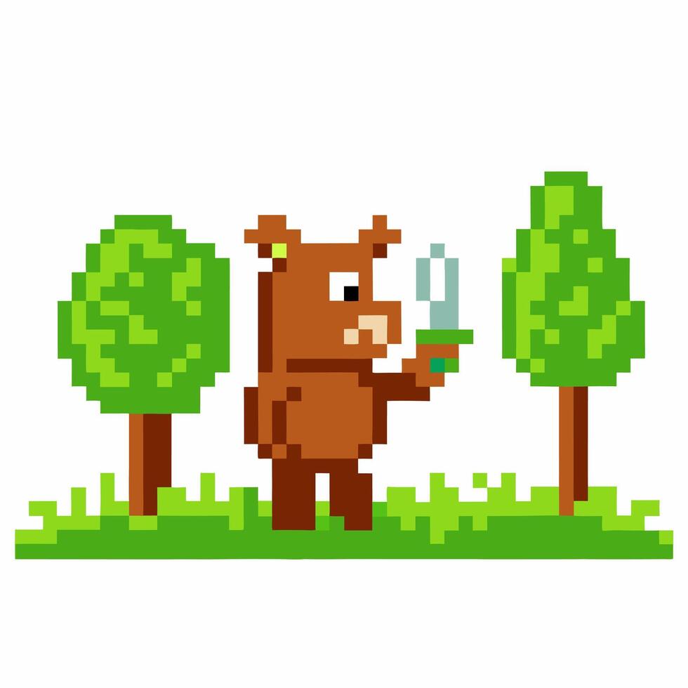 Pixel art bear with sword in forest setting retro gaming graphic with green trees vector