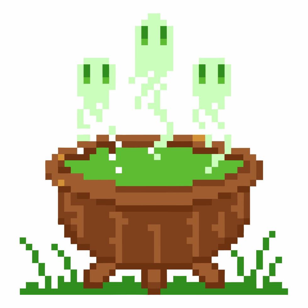 Pixel art witch cauldron with green bubbling potion and rising spectral spirits magical fantasy potion concept vector