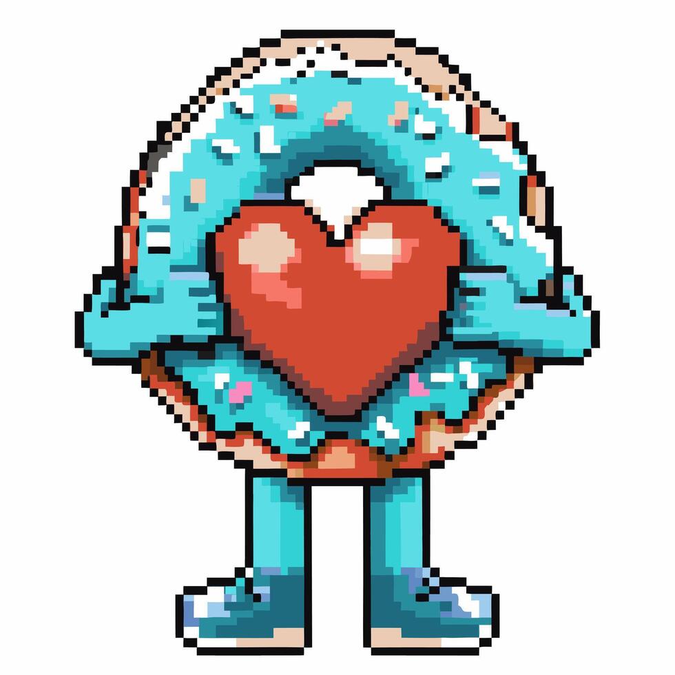 Pixel art blue donut character holding a red heart, sweet confection with sprinkles and cute anthropomorphic design vector