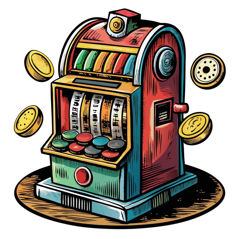 Vintage Slot Machine with Coins and Levers Retro Gambling Illustration vector