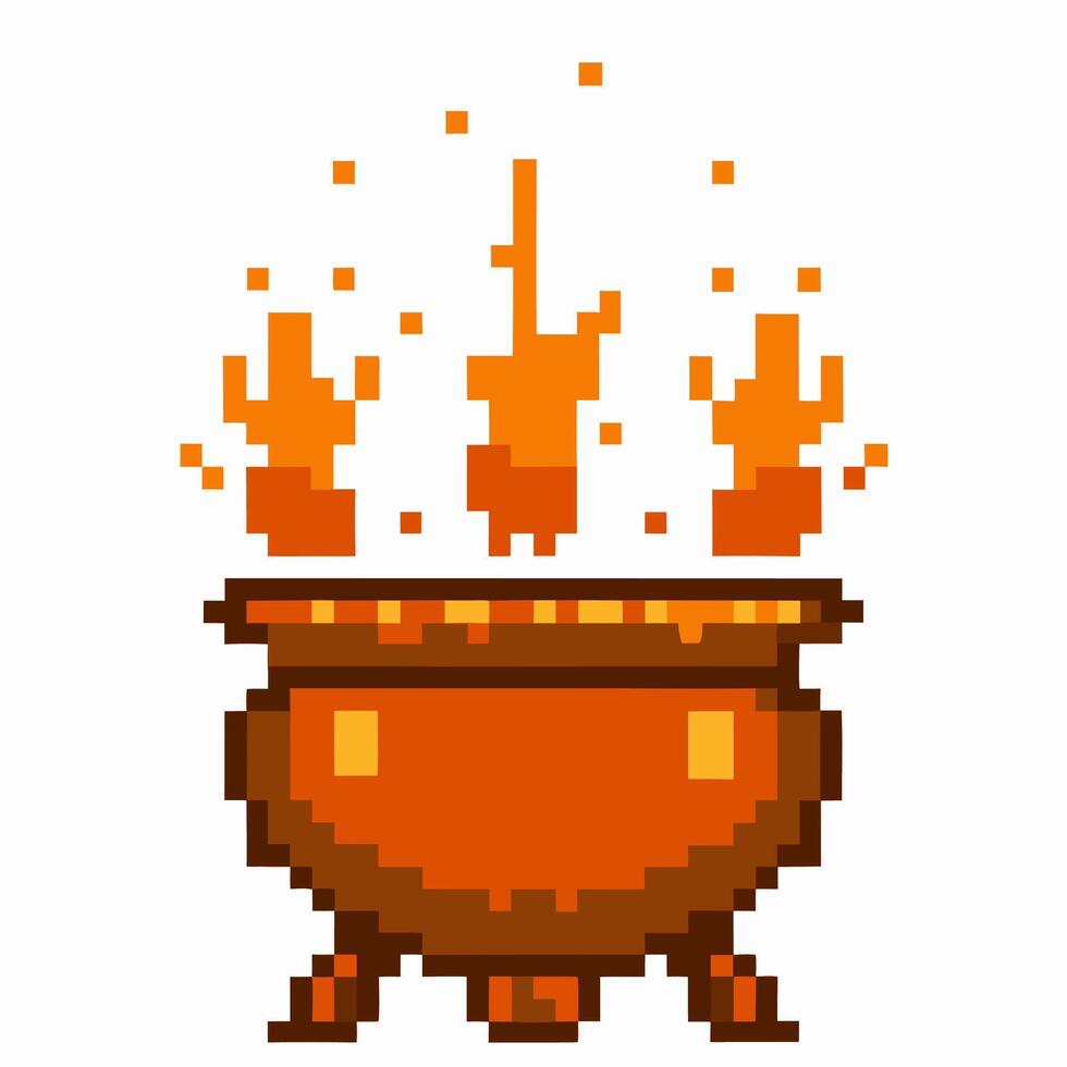 Pixel art magic cauldron with rising flames and sparks retro orange pot with fire, fantasy brewing, game asset vector