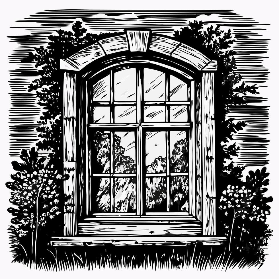 Vintage wooden arched window with ornate details, surrounded by lush greenery in monochrome illustration vector