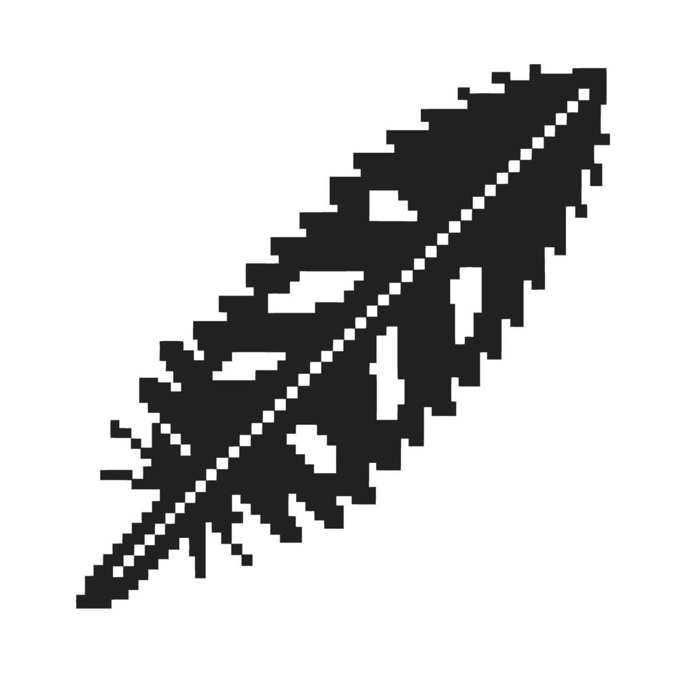 Pixelated black feather isolated on white background simple vintage digital art style, retro minimalistic icon illustration vector