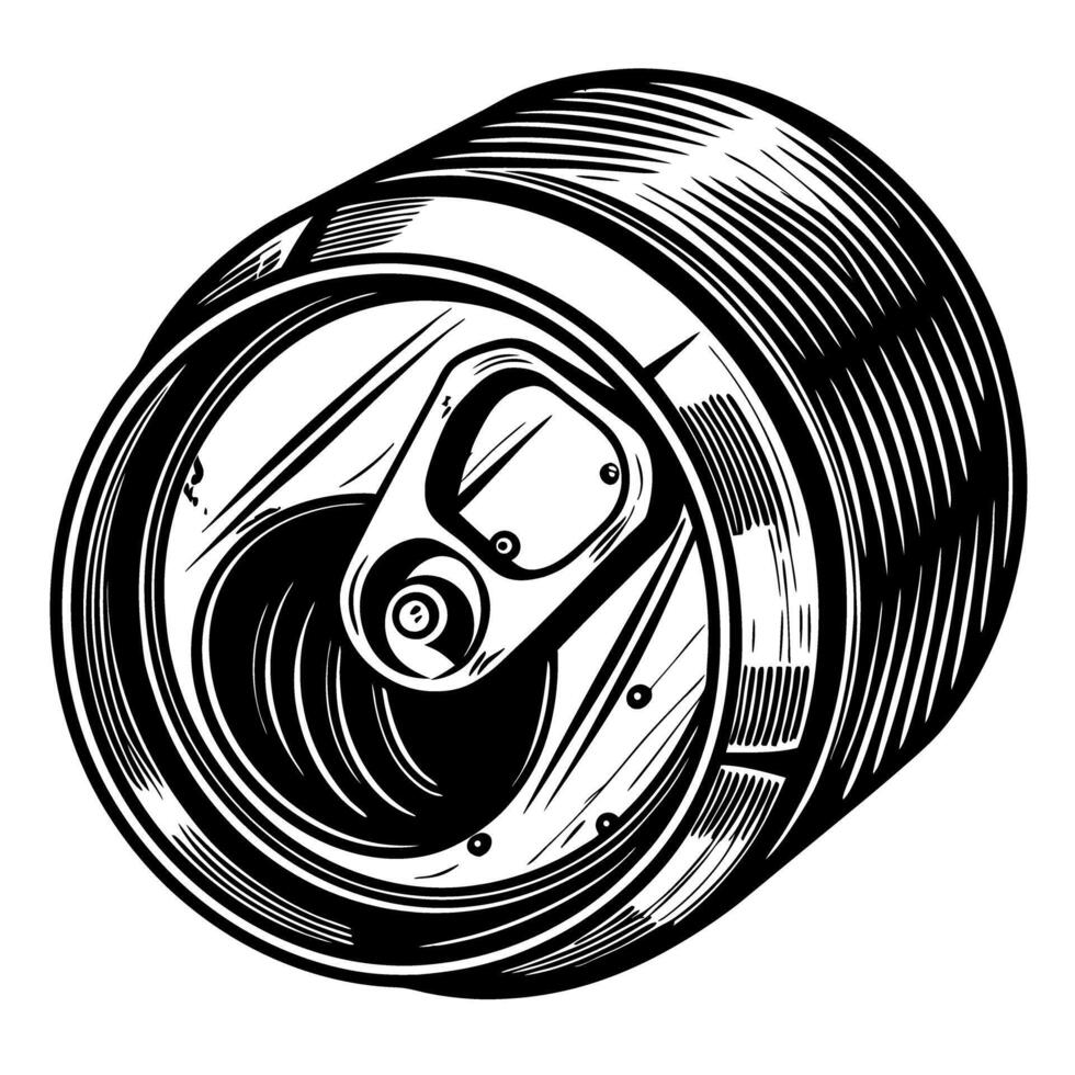 Monochrome beverage can top, vintage illustration art aluminum soda pop container, detailed design vector