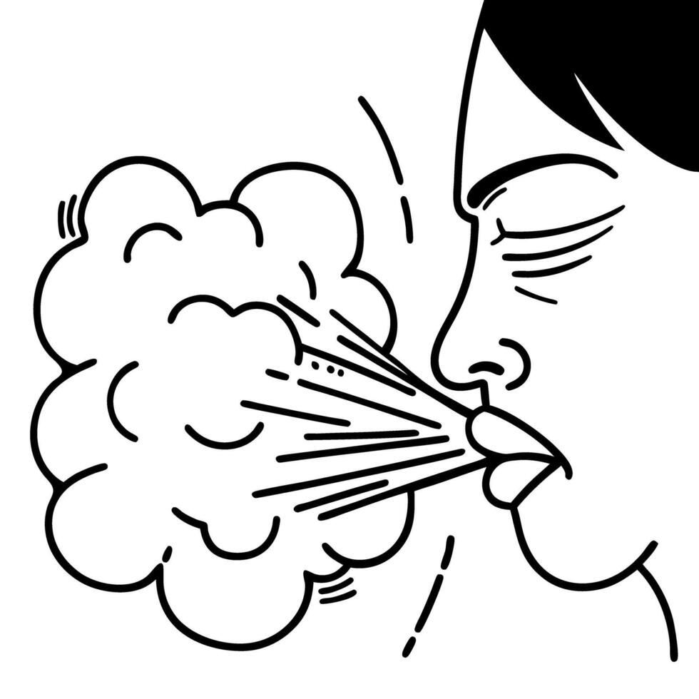 Person exhaling air forcefully, puff blowing wind from mouth human breath, respiratory health, coughing, cold, sneeze concept vector