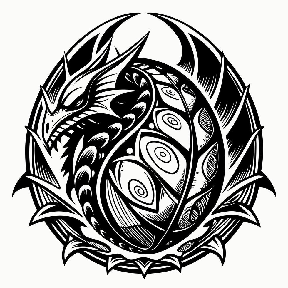 Intricate Black and White Dragon in Yin Yang Design with Tribal Patterns vector