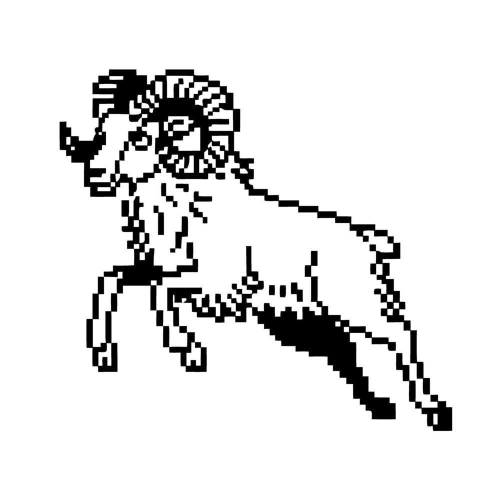 Pixel art ram illustration, black and white retro animal design vintage sheep, bold horns, digital nostalgia symbol vector