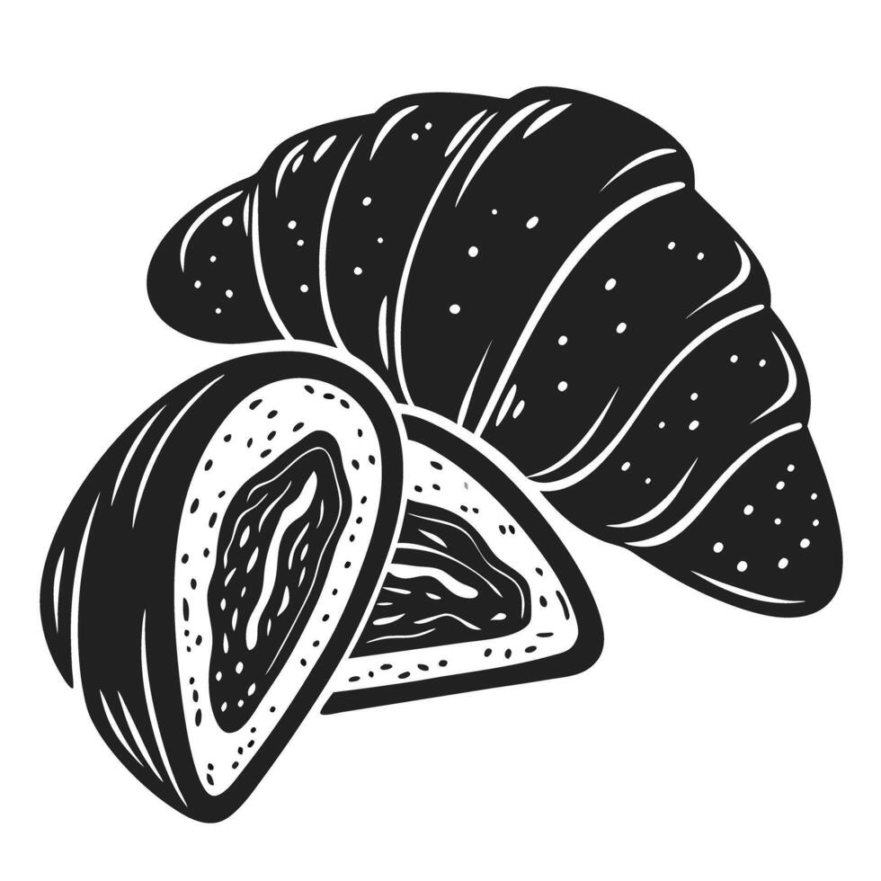 hand drawn croissant sketch detailed pastry illustration with cross section view, showcasing buttery texture breakfast bakery art vector