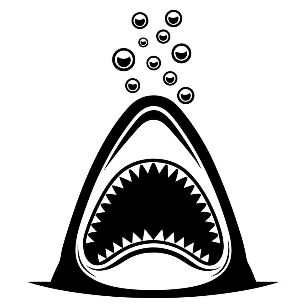 Aggressive shark mouth wide open underwater, toothy jaws and bubbles rising, ocean predator danger symbol illustration vector