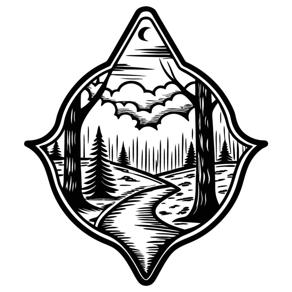 Monochrome forest pathway emblem night scene with trees, moon, and clouds in nature illustration vector