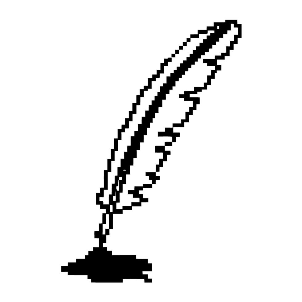 black and white pixel art quill pen with ink, retro digital aesthetic writing tool vector