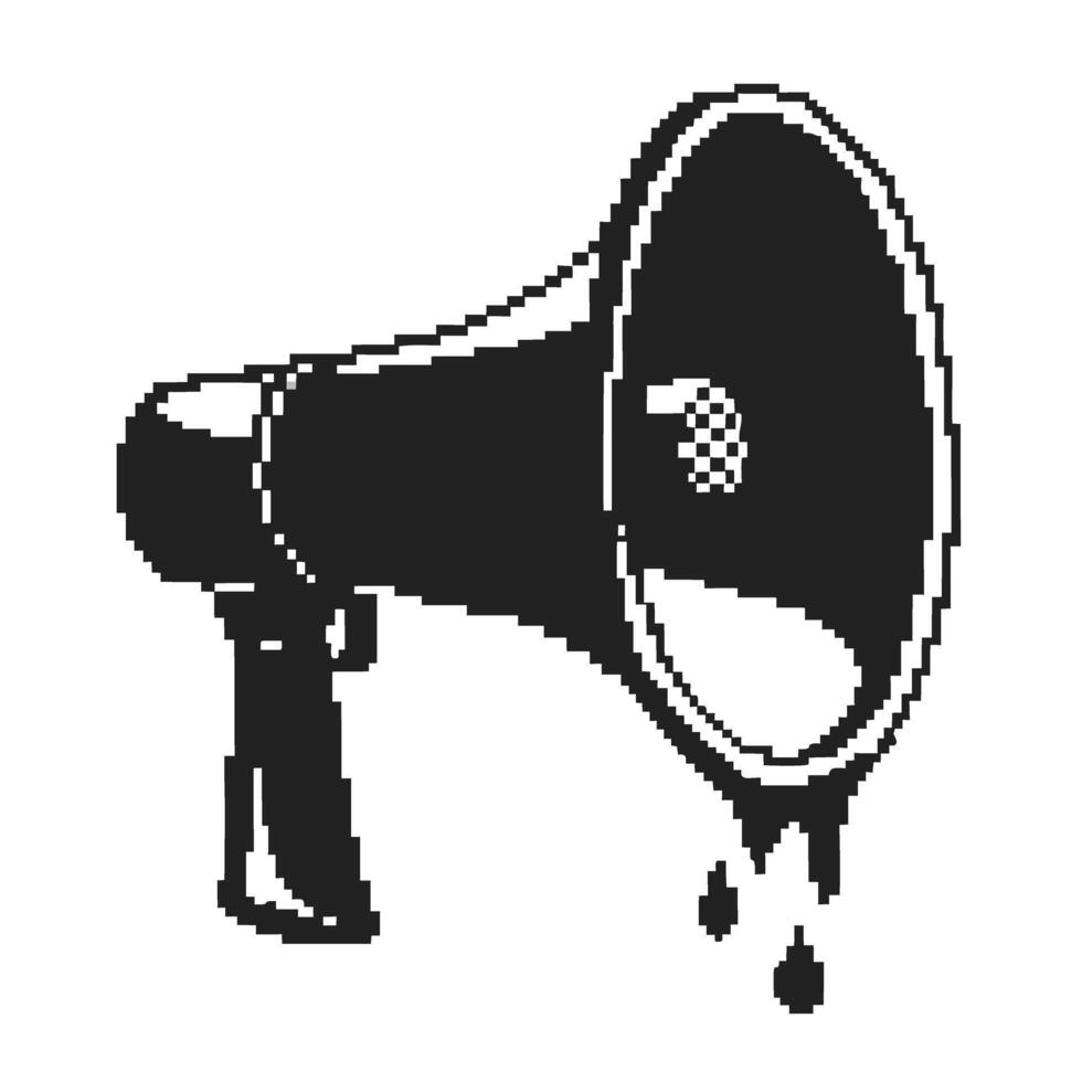 Pixel art megaphone dripping liquid black and white retro style, abstract protest, voice amplification, communication symbol vector