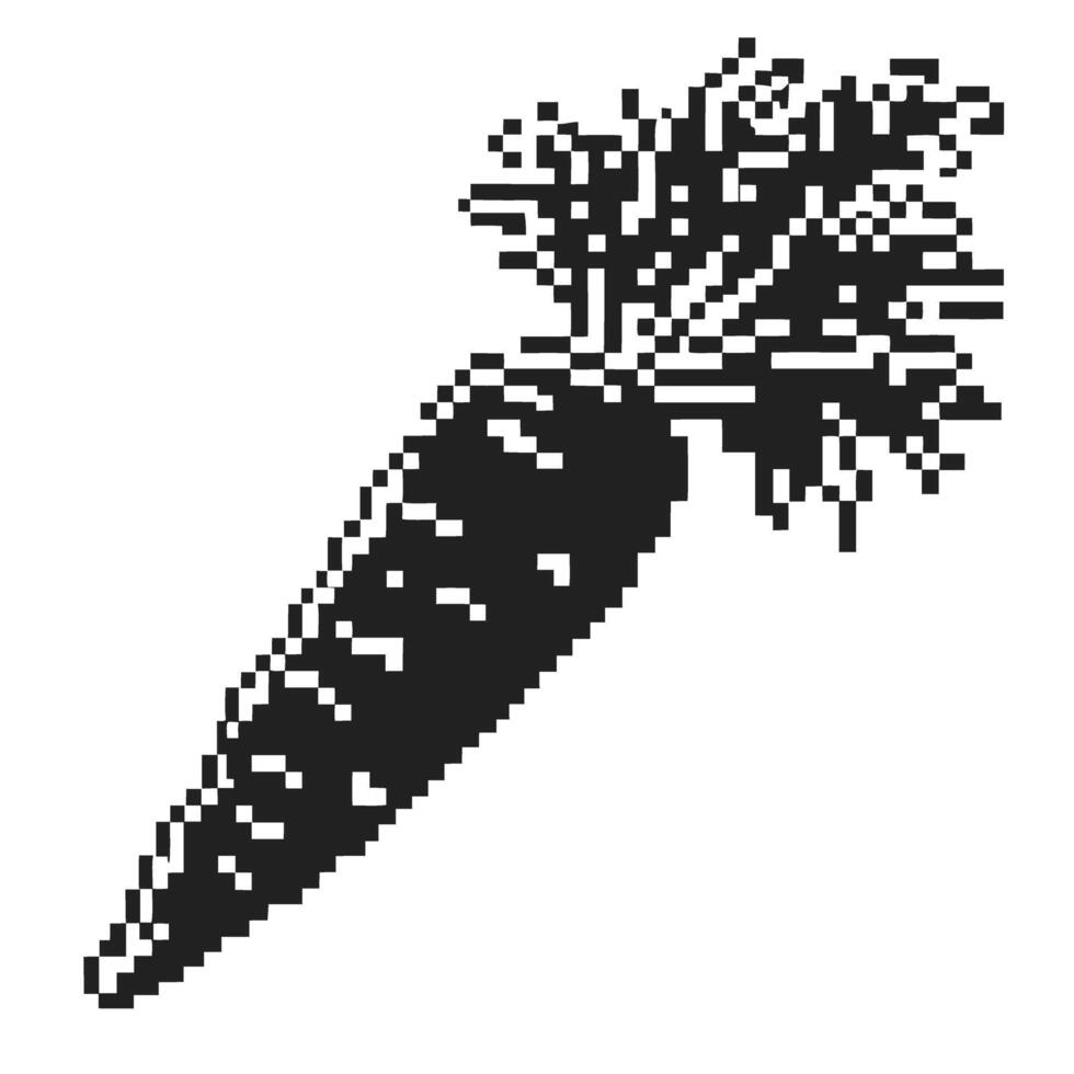 pixelated carrot icon black and white digital art of vegetable silhouette, retro game graphic vector