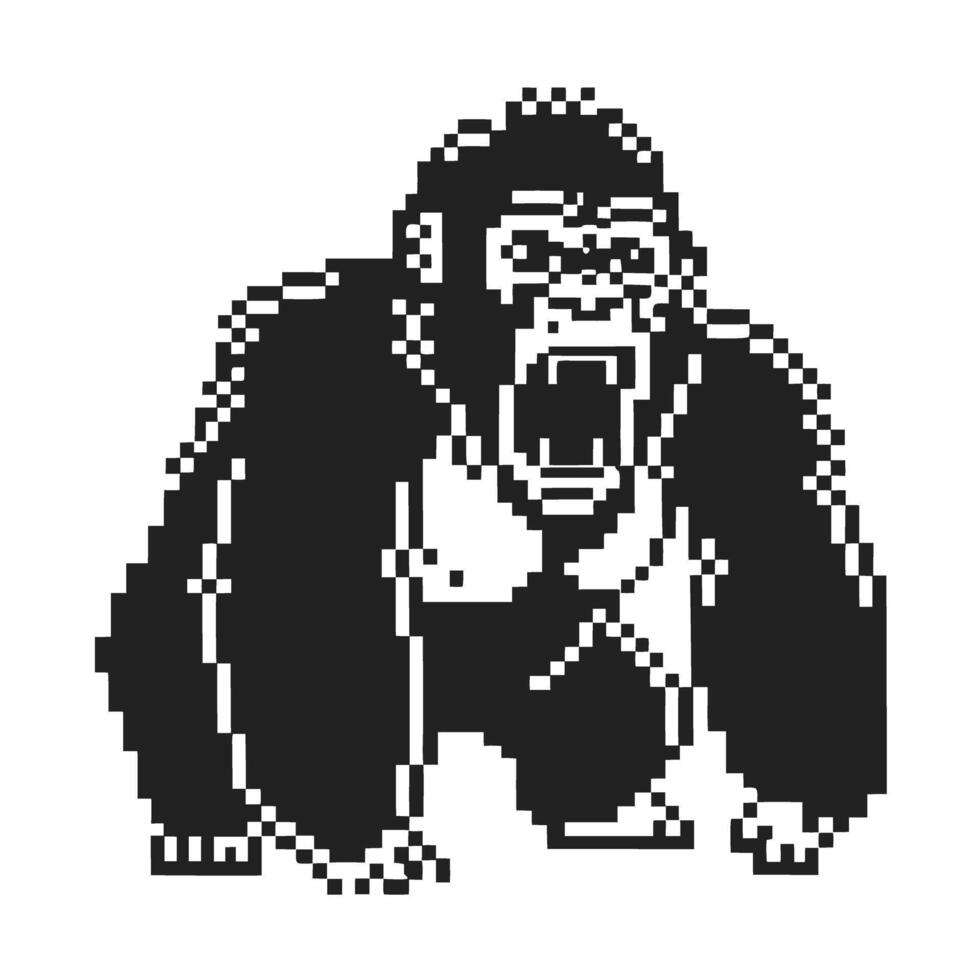 Pixel art gorilla roaring with open mouth, aggressive animal stance, retro 8 bit style, black and white graphic illustration vector