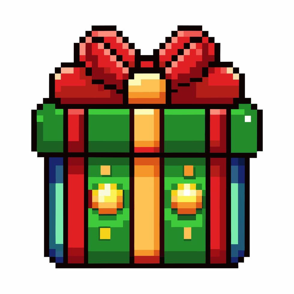 Pixel Art Gift Box with Red Bow on White Background vector