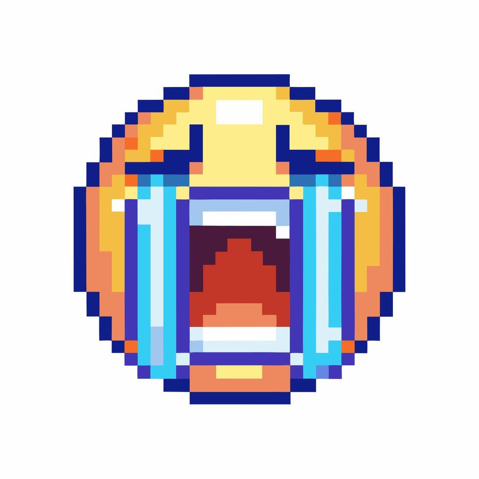 Crying pixelated emoji face with tears sad emoticon, digital art, emotional expression, retro pixel illustration vector