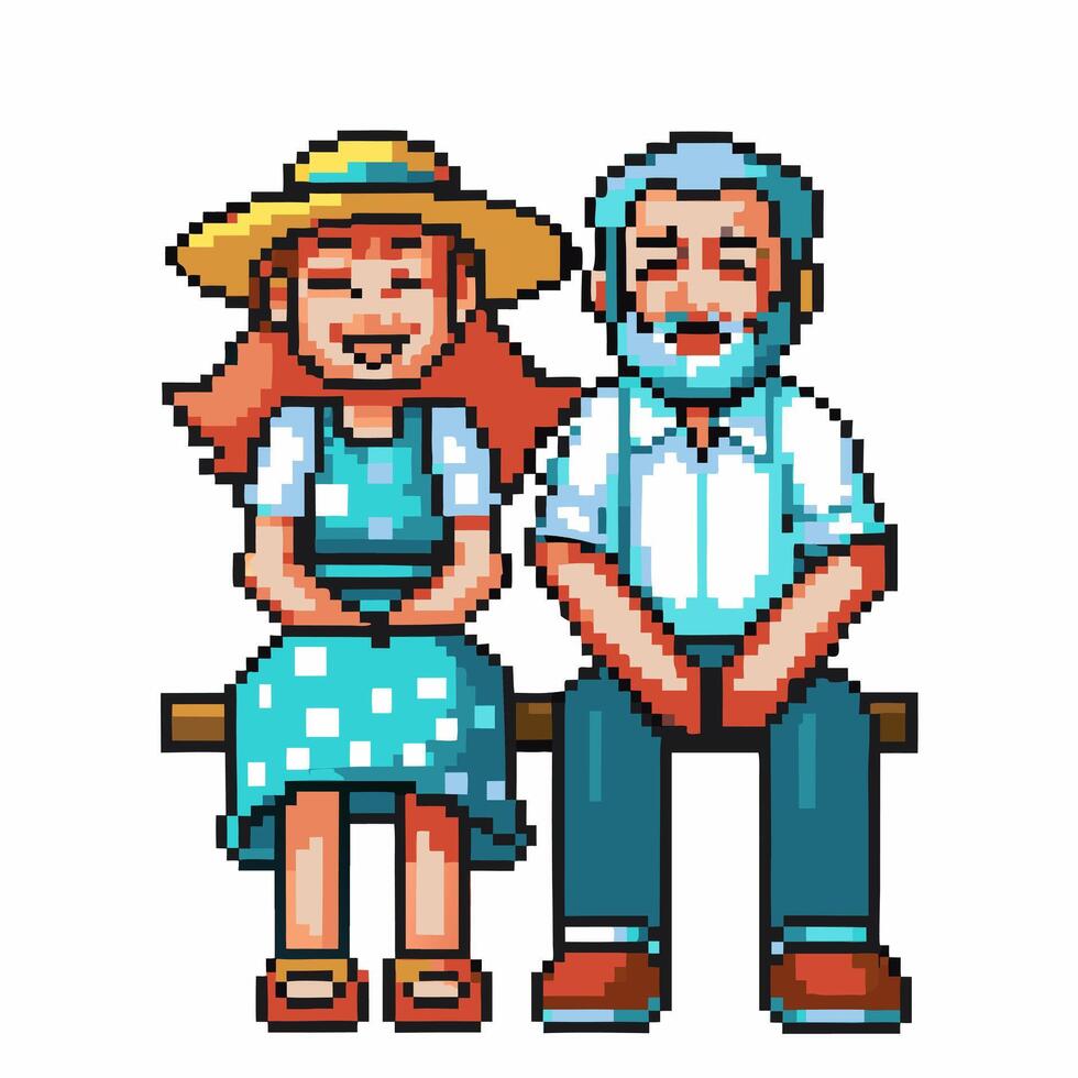 pixel art elderly couple retro game grandparents sitting happily on bench, classic 8 bit design vector