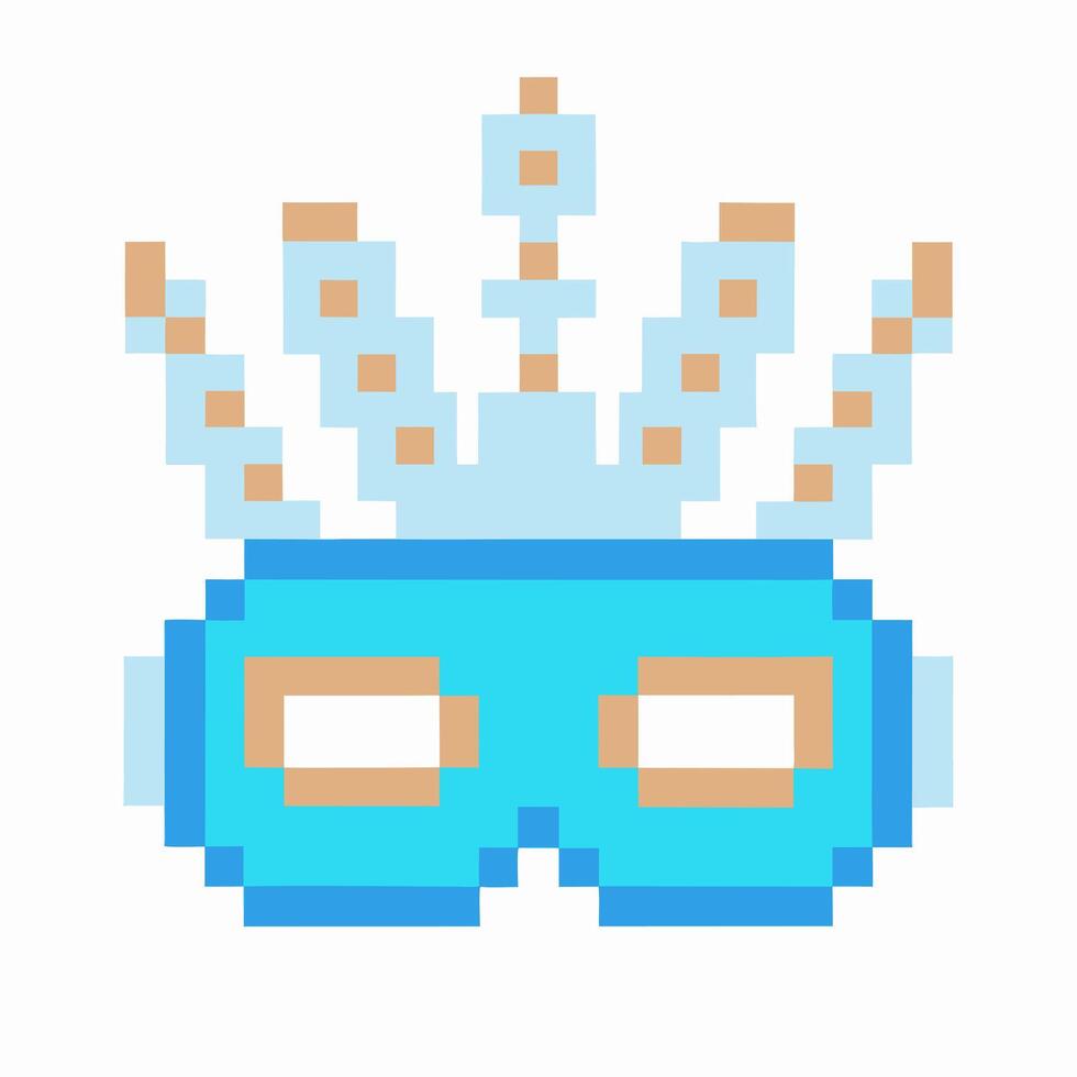 Pixel art blue masquerade mask with crown, festive party accessory, playful winter celebration or carnival costume design vector