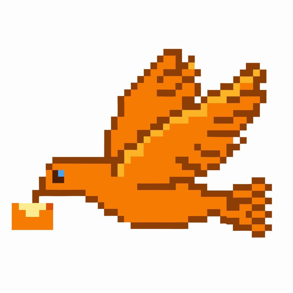 Pixel art orange dove flying with envelope retro digital bird, mail delivery, communication icon, message transfer, simple design vector