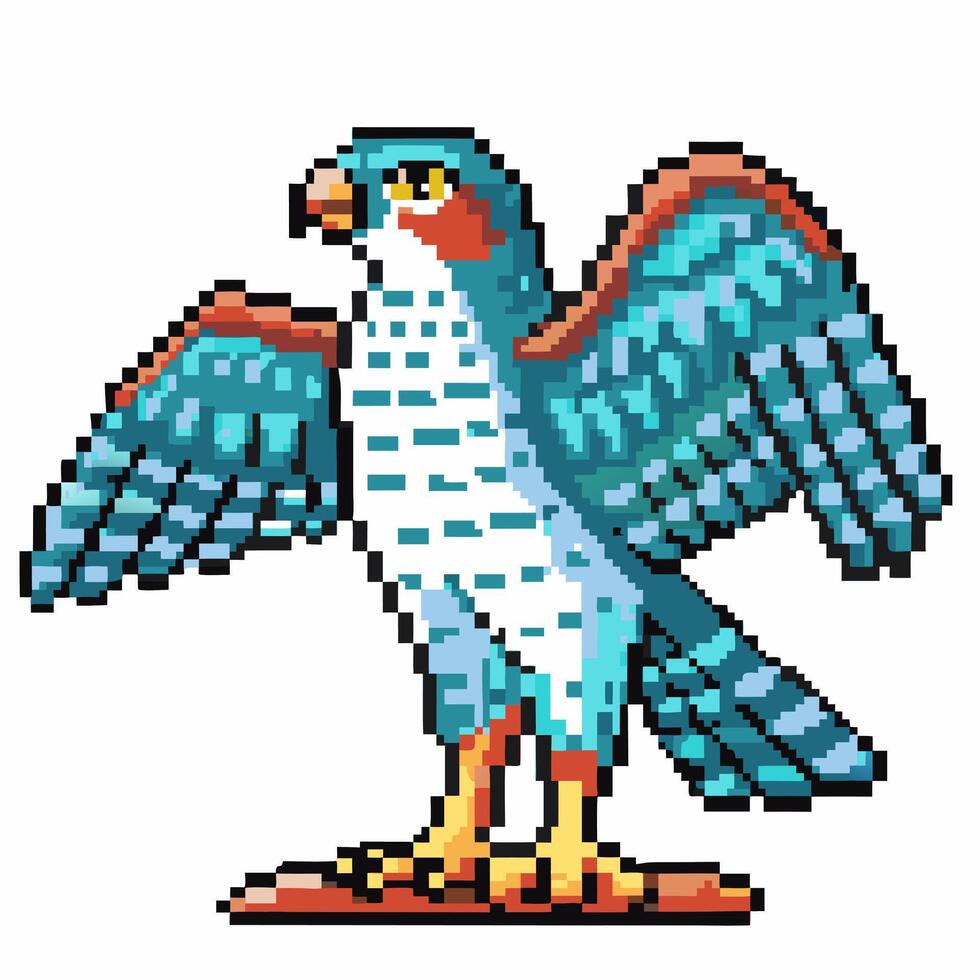 Pixel art hawk retro, colorful pixelated design of a standing bird with spread wings vector
