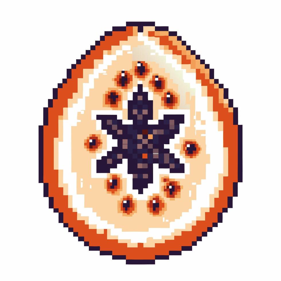 pixel art exotic fruit slice with vibrant seeds, digital illustration of a colorful tropical delicacy vector