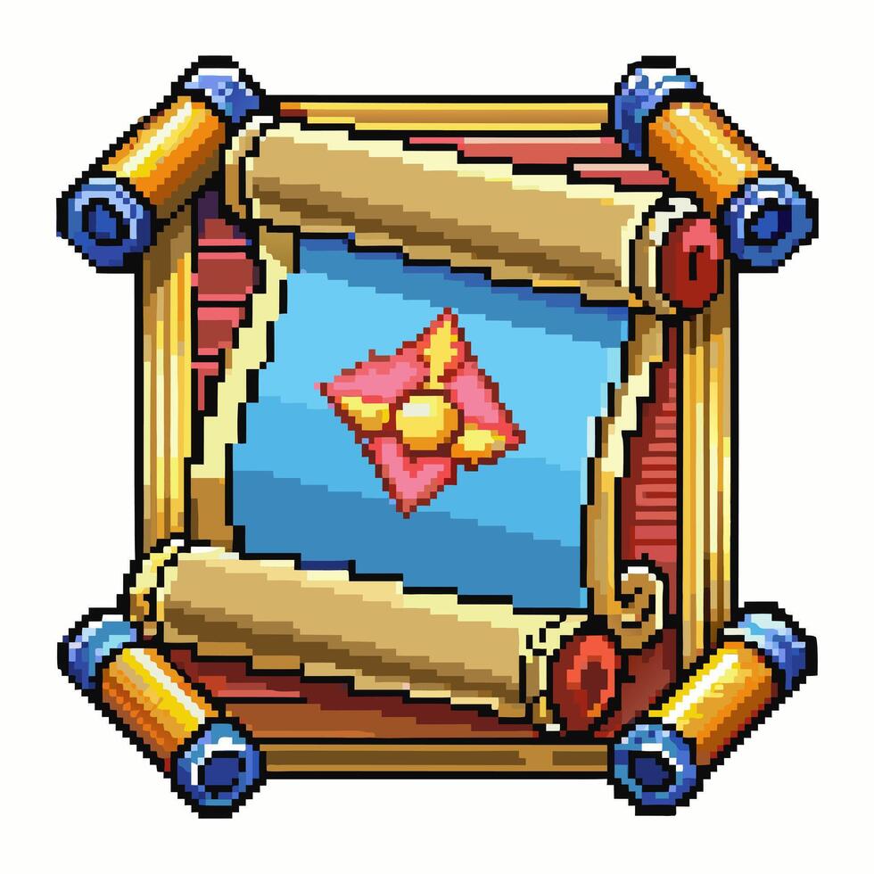 Vintage treasure map with nautical star and scrolls, pixel art style, adventure, exploration, gaming icon vector