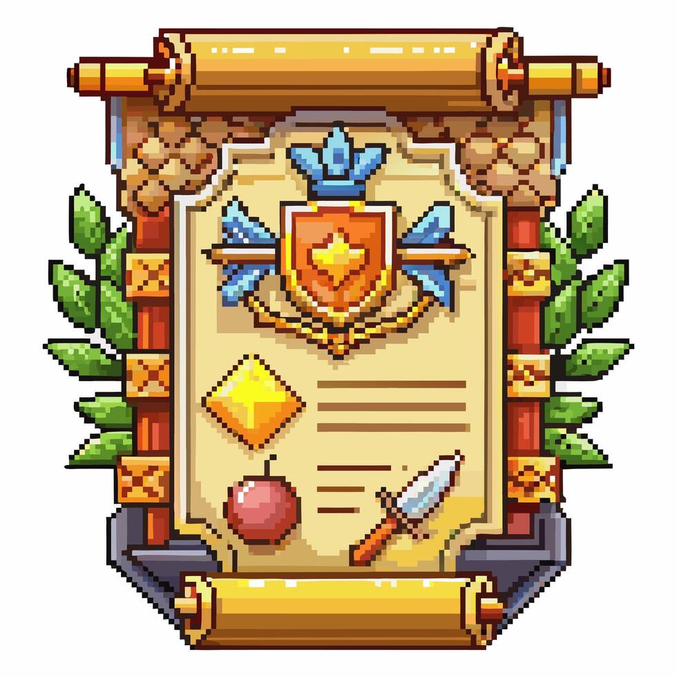 Pixel Art Medieval Scroll with Shield and Sword Emblems vector