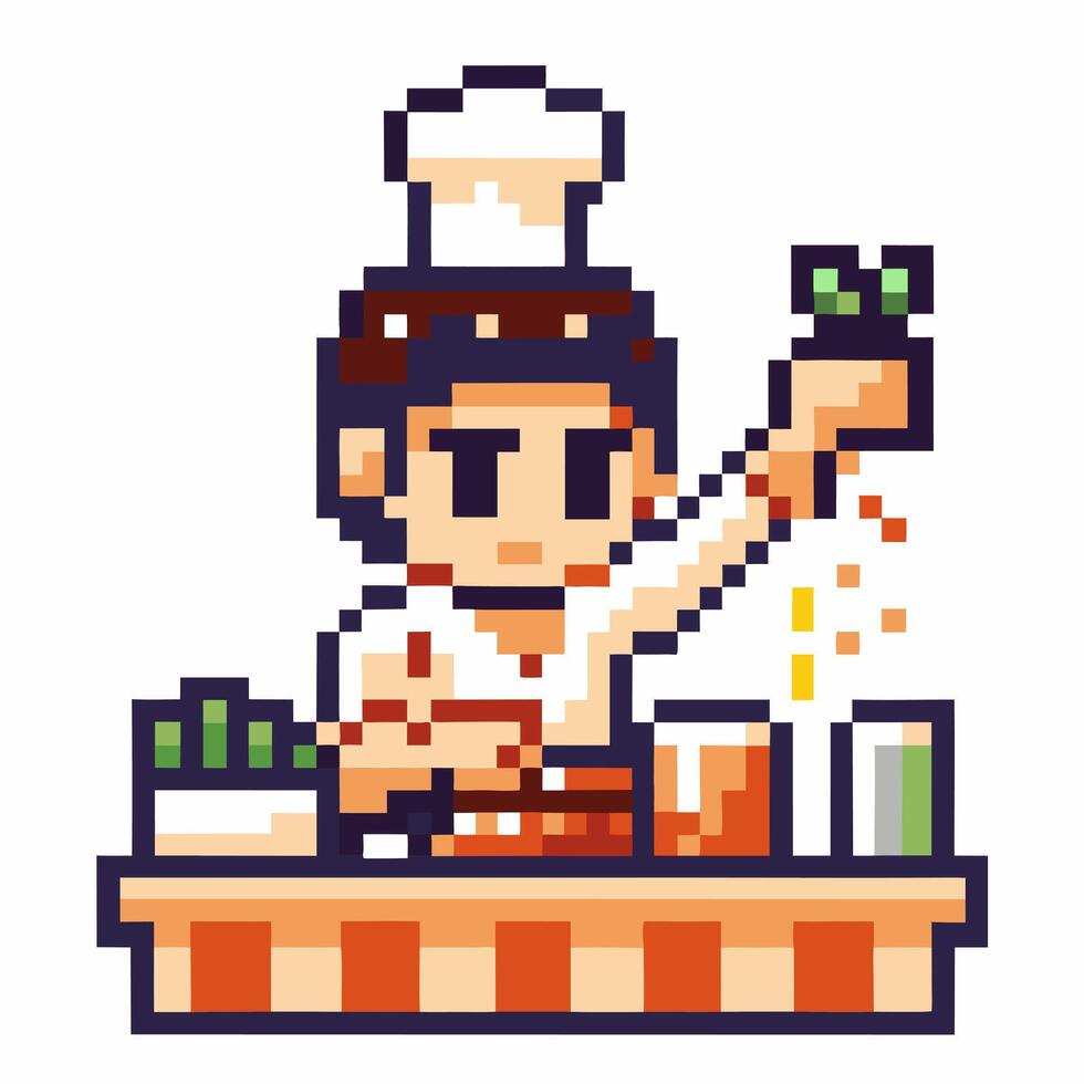 Pixel art chef preparing meal with herbs and spices cook character at kitchen counter, culinary creativity concept vector