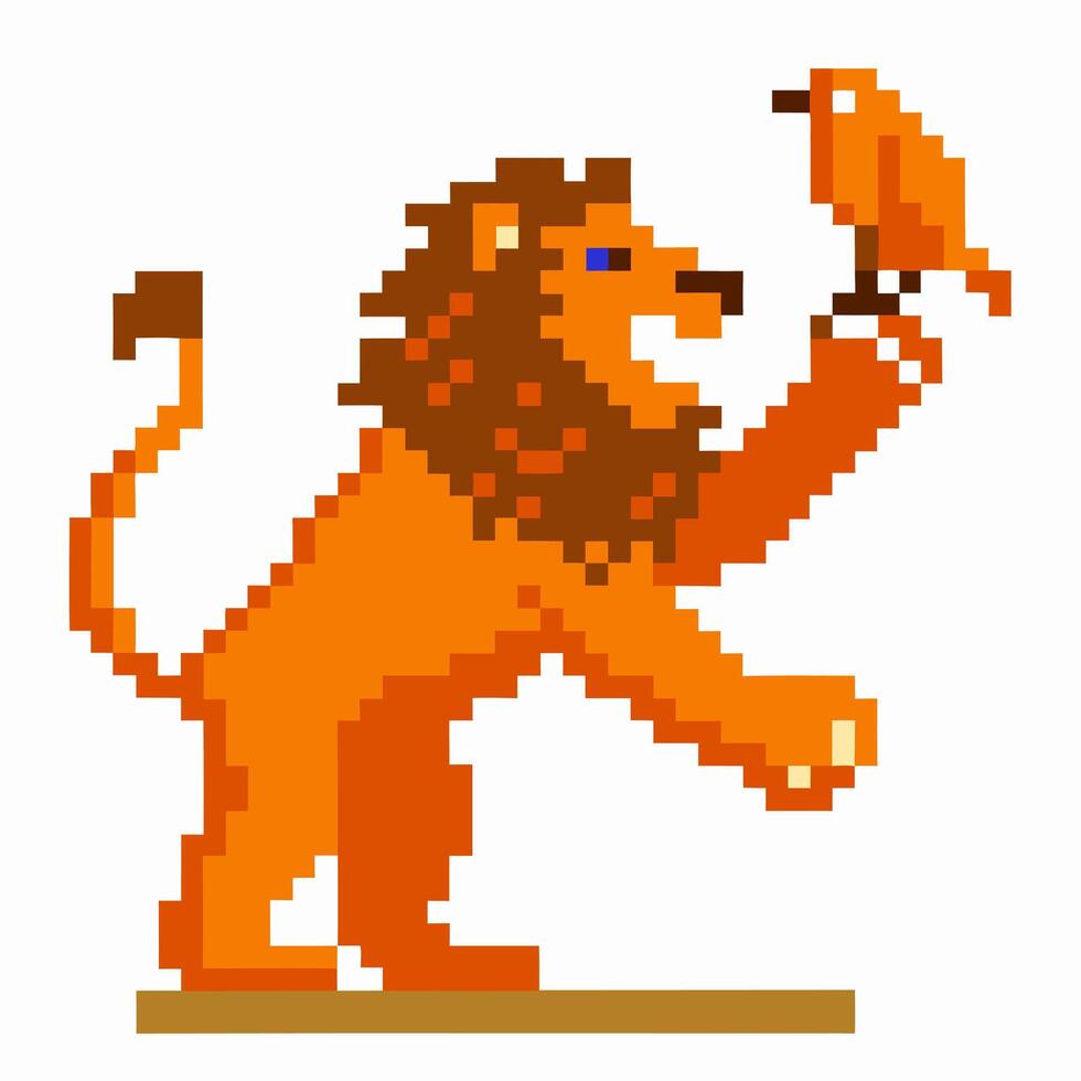 pixel art lion holding bird retro game animal illustration vector