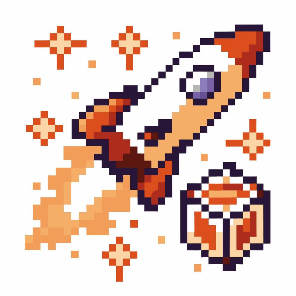 Pixel art rocket launch with stars and asteroids, retro game illustration vector