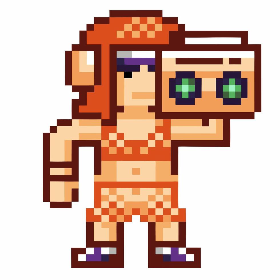 Retro pixel art explorer woman holding futuristic binoculars, adventurous character in orange outfit, 8 bit game vector