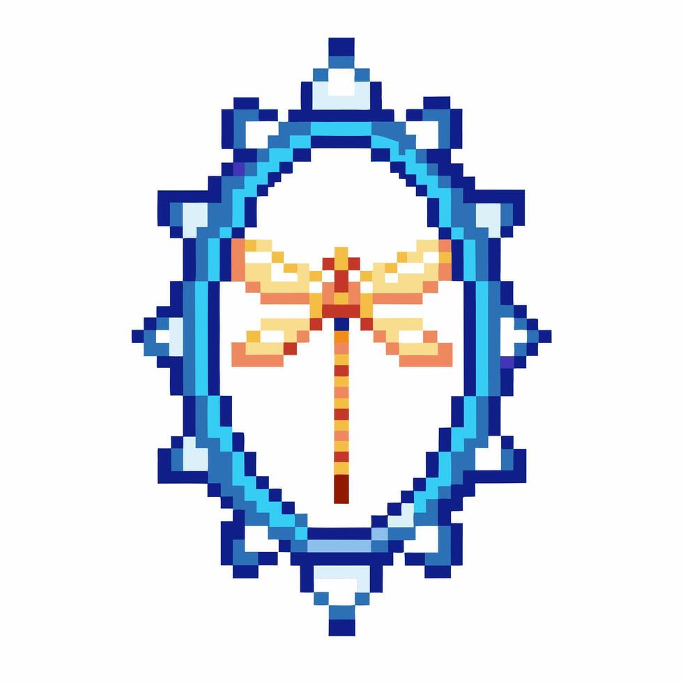 Pixelated dragonfly in blue frame retro vintage 8 bit insect art vector