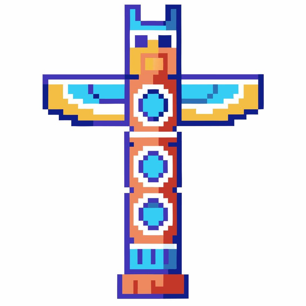 Colorful pixel art totem pole with symmetrical tribal design and bold geometric patterns vector
