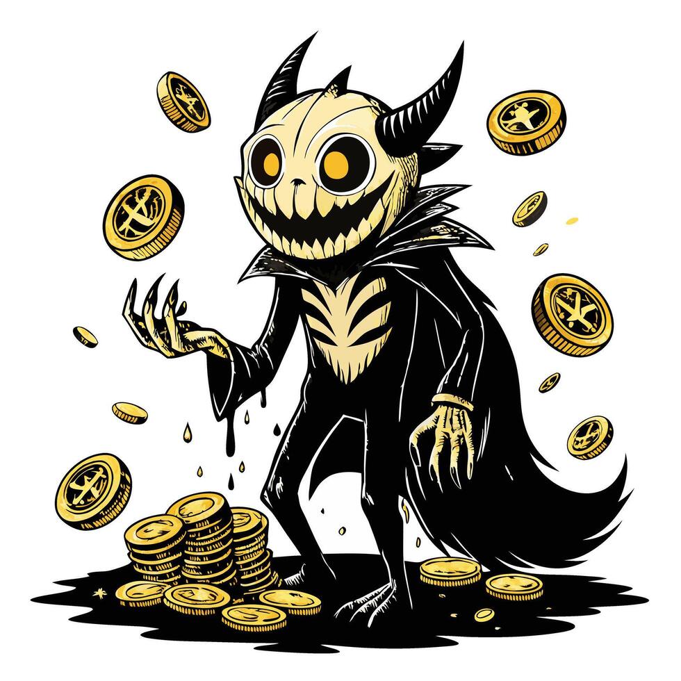 A cartoonish figure with a demonic appearance is surrounded by gold coins vector