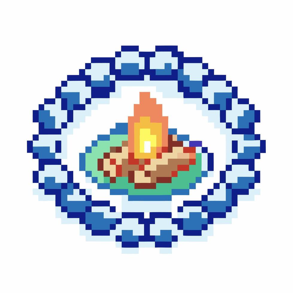 Pixel art campfire with glowing flame and wooden logs retro digital surrounded by blue ornamental pattern vector