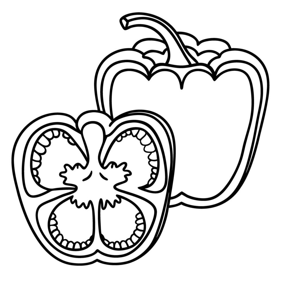 Illustration of a whole and sliced bell pepper black and white outline vector