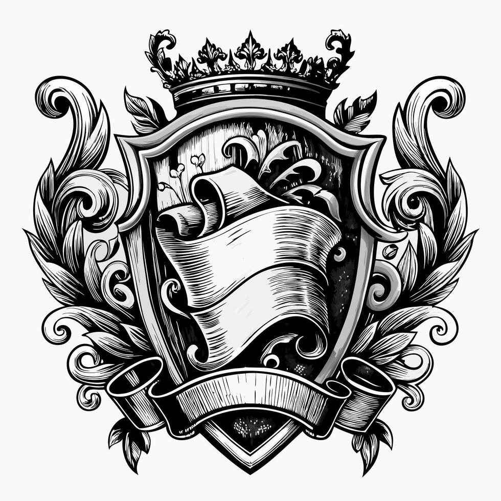 Intricate black and white heraldry design with ornate crown and scroll details vector