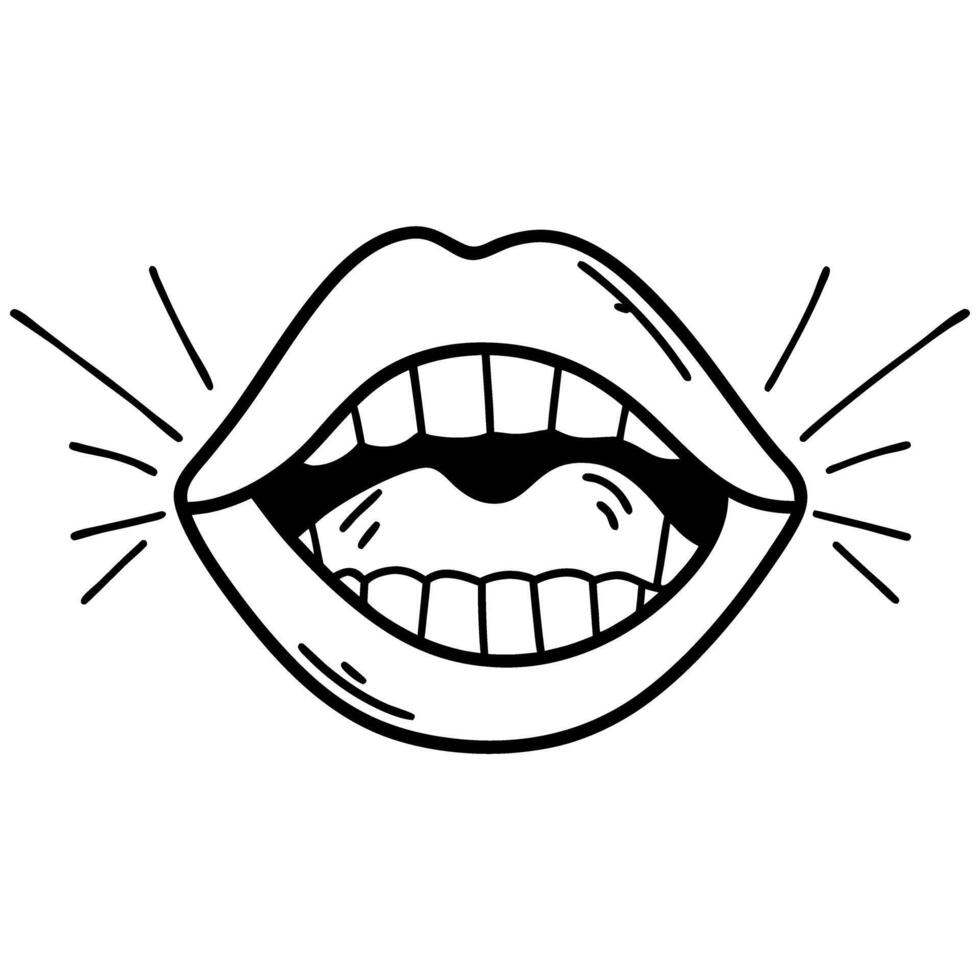 Open mouth illustration with lips, teeth, and tongue black and white outline drawing, expressive shouting or singing concept vector