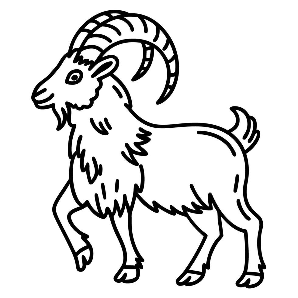 Goat illustration, horned mammal standing farm animal icon, simple line art, agriculture concept, traditional livestock animal vector