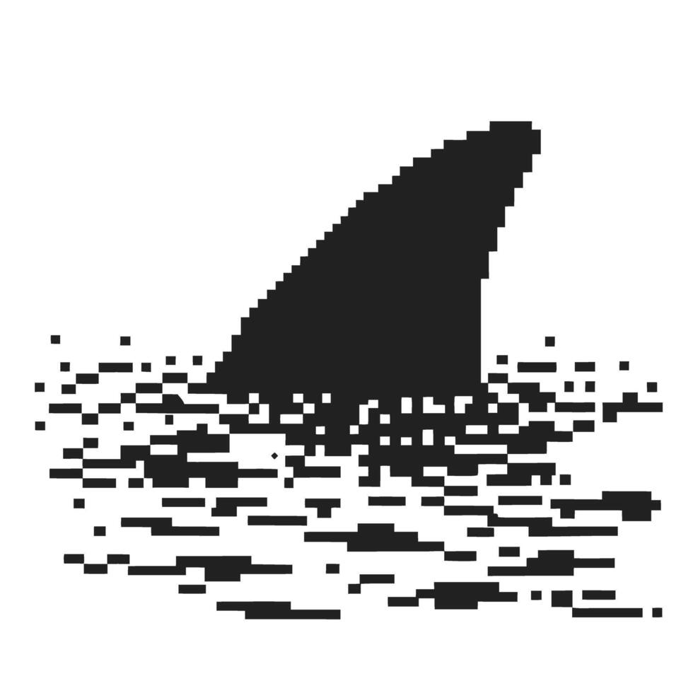 Pixelated shark fin emerging from water surface, retro digital icon, ocean danger, aquatic symbol, black and white graphic vector