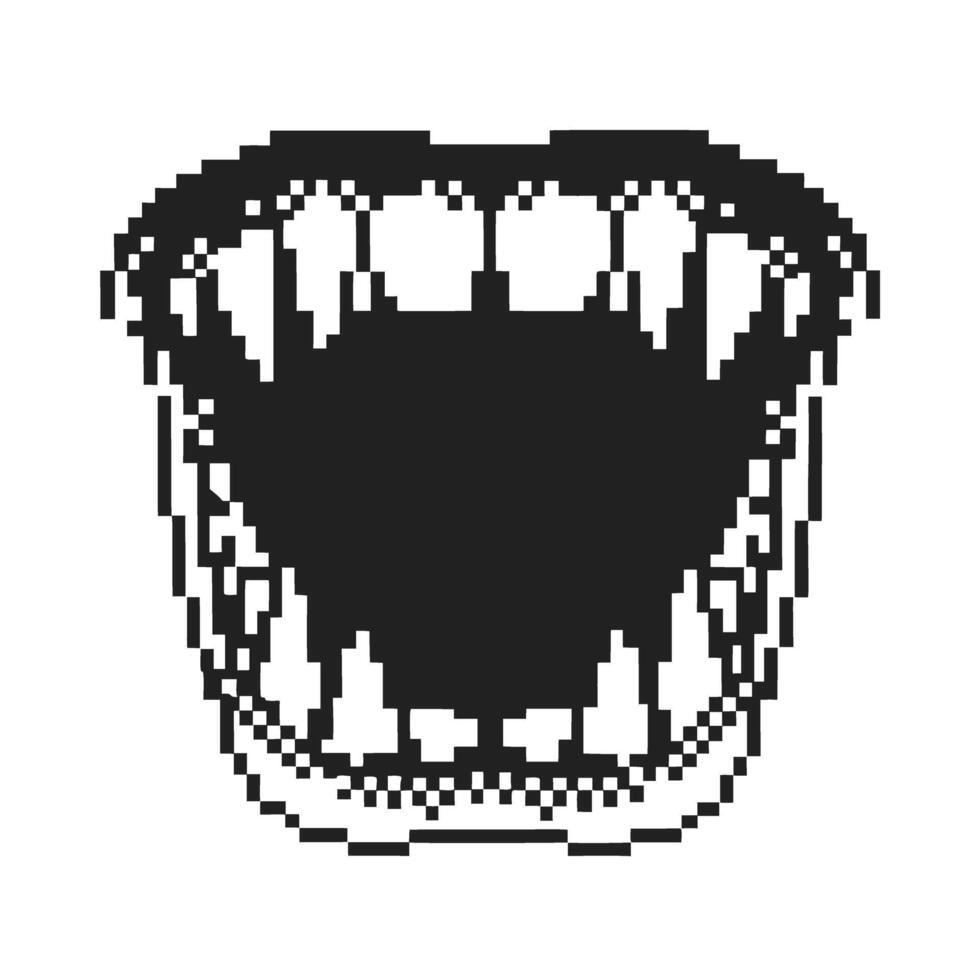 Open mouth with teeth, wide jaw, pixel art black and white retro digital illustration, minimal design concept vector